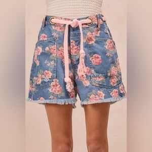 BiBi Braided Waist Belt Patch Pockets Floral Print Denim Shorts